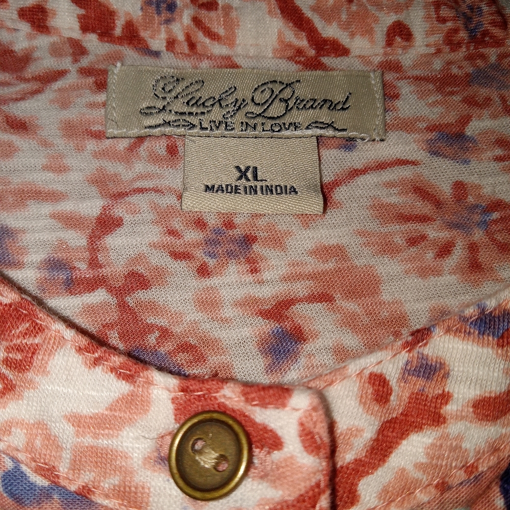 Lucky Brands Women's Cotton Henley Shirt Size XL Multicolor Peasant Top Boho